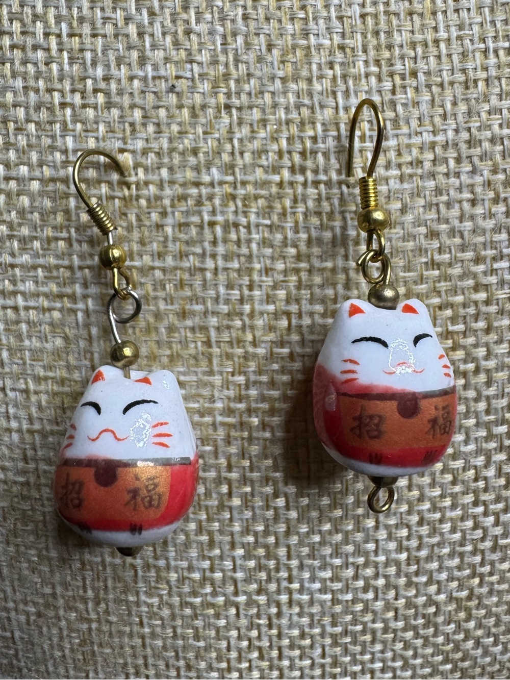 Maneki Neko Cat Earrings - White and Red Lucky Cat Jewelry